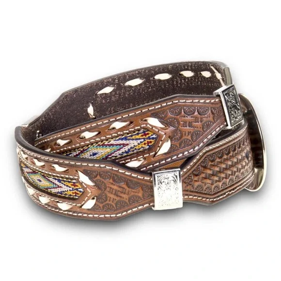 Nocona Mens Western Brown Leather Embossed Braided Belt Size 42 Conchos Inlay